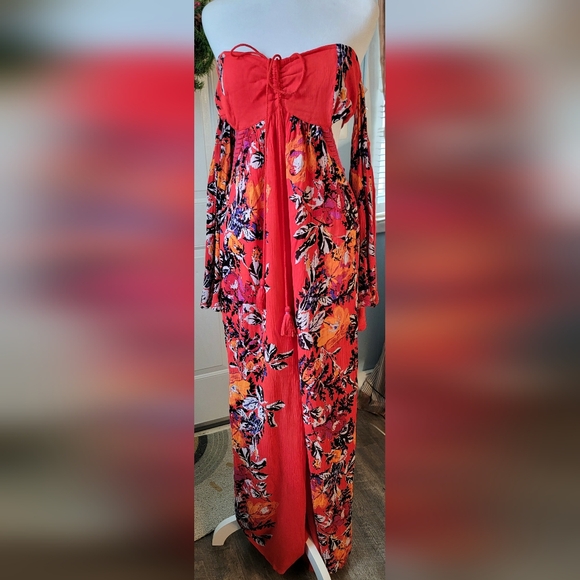 Free People Falling Flowers Jumpsuit Womens M Red Multi Floral Cutout Flowy Boho - Picture 3 of 16